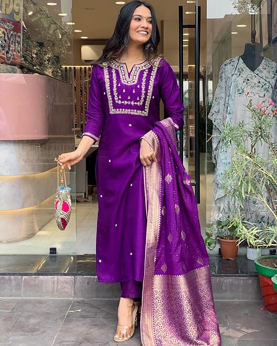 Women's Silk Blend Straight Embroidered Kurta with Pant & Dupatta (Copy) - Image 3